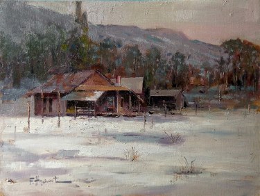 Felice Hrovat  Cabin in the Foothills  9x12 oil on board