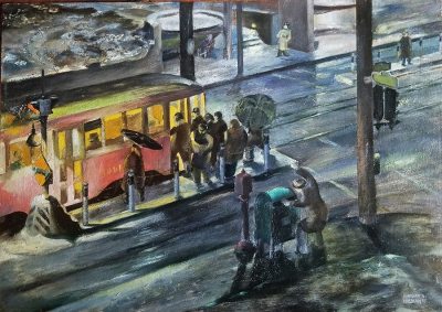 Bennard-Block-Perlman-Last-Train-Home-1947-17x24-Oil-on-Board-3195