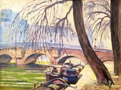 Irving Manior Boats on the Seine Paris 20x24 oil on board $475