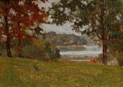 Otto Hake Lakeside Meeting 7x10 oil on canvas board