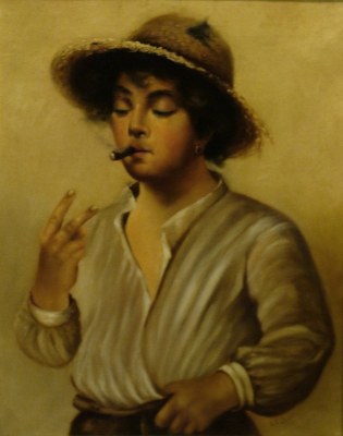 L E Cook Smoking Boy 17x13 Oil on Canvas