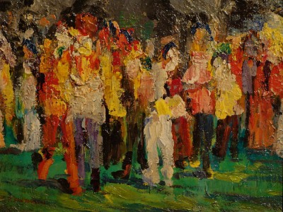 Modern oil painting by Paulette Van Roekens of people in a crowd with lots of color and heavy pallete painting