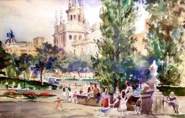 Fred D Penny Gathering in the Park 10x15 Watercolor