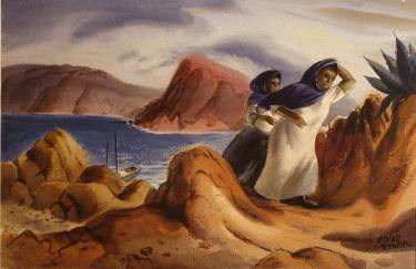 watercolor by Edgar Starr of a woman and companion walking along cliffs and sea by California and Mexico coastline