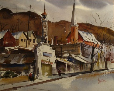 Watercolor by Harold Gretzner of a couple walking up a street in Austin with brown tones