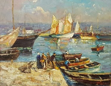 Unknown Artist Bustling Harbor Circa 1920 16x20 Oil on Canvas