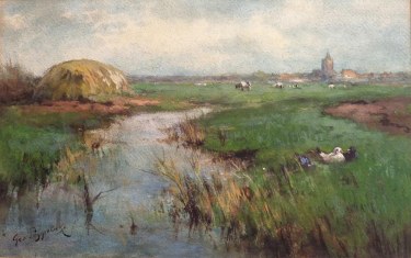 George Poggenbeek Landscape with Cattle and Ducks 11x17 Watercolor