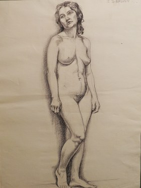 EG Brown Standing Nude Woman 25x19 Drawing