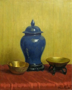 J. Mason Reeves Blue Vase with Bowls 16x20 Oil on Canvas Board