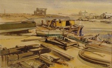 Unknown Artist Loading the Barge–1948 10x14 Watercolor