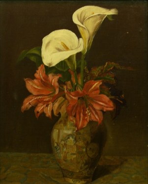 Unsigned Calla Lilies and Hybiscus 18x14 Oil