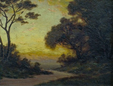 Barbizon style oil painting by Arthur Vachell of sunset and dark trees along a country road