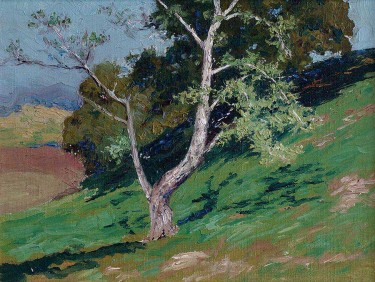 California plein air oil painting of green hillside, blue sky and sycamore trees by Charles Partridge Adams