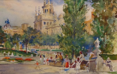 Fred D Penny Gathering in the Park 10x15 Watercolor