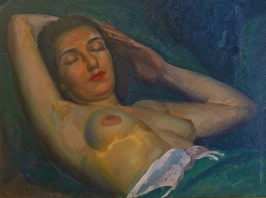 Blue oil painting of nude reclining by Joesph Newman