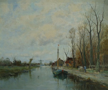 Charles Gruppe Along the Canal 24x30 Oil on Canvas