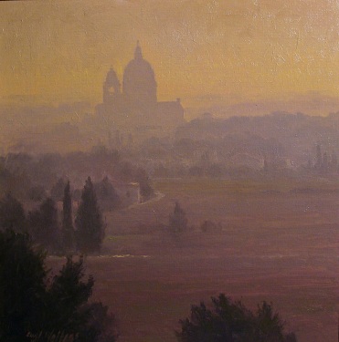 Curt Walters Sunset over Assisi 16x16 Oil on Board