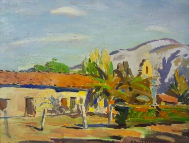 E. Roscoe Shrader San Antonio de Pala Mission 14x18 Oil on Canvas