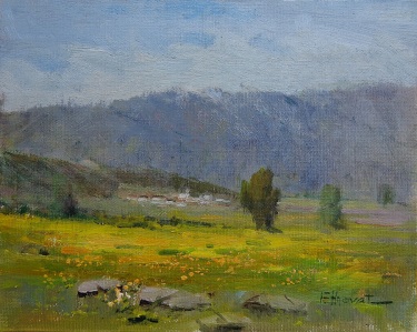 Felice Hrovat Mustard Poppies and Hills 8x10 Oil on Canvas