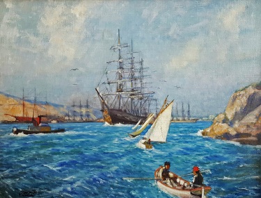 Hernando Villa Sailing Ships San Francisco Bay 20x26 Oil on Canvas