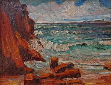 James Merriam Laguna Beach with Catalina View 7.5x9.5 Oil on Board
