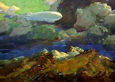 Karl Schmidt Dirigible over the Mountains 12x16 Oil on Metal