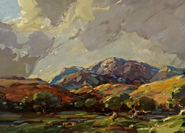 Karl Schmidt Thunderheads over the Mountains 12x16 Oil on Metal