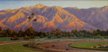 Linda Brown Early Morning Workout Santa Anita Oil on Canvas Board