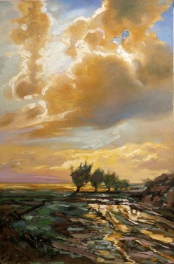 A Calpacol, Dramatic Sunset, 17x11 Oil on Board