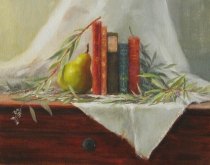 Amanda Fish Antique Books with Pear