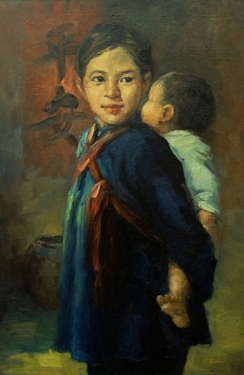 Chinese Sister and Brother by C K Han 24x35 Oil Painting