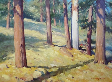 Clyde Forsythe Sunshine Through the Pines 12x16 Oil on Board