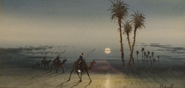 European watercolor by Eugene Marguerite Calmant of camels, legionaires and camels crossing the desert at sunset