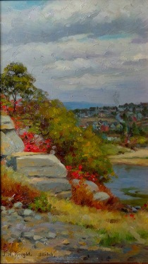 John Willard Raught Distant Townscape 9x5 Oil on Board