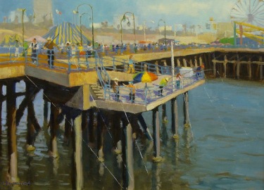 Dick Heimbold Fishing Santa Monica Pier 20x24 Oil