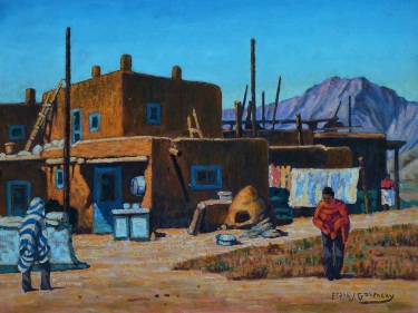 Frank Gavencky Santa Fe Adobe Indians 18x24 Oil on Board