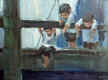 George Michaud Watching the Fish 30x40 Oil on Canvas