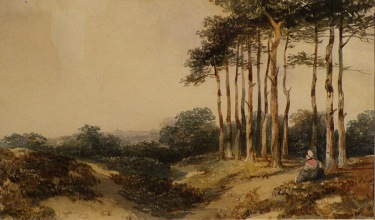 European watercolor by George Sidney Shepard of a landscape, trees and field near Hampstead