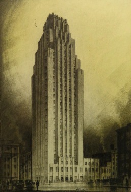J Mason Reeves Art Deco Skyscraper 1920's 21x16 Pencil and Charcoal on Artist Board