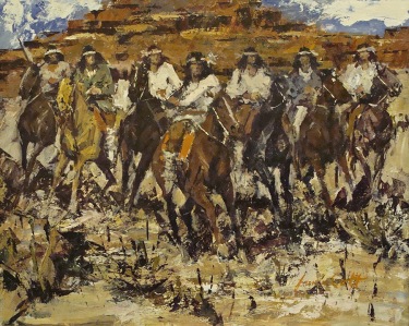 James Colt Group of Seven Apaches 20x24 Oil on Board