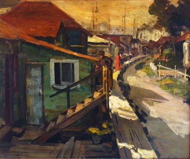 Jean Mannheim Monterey Fishing Village 20x24 Oil on Canvas