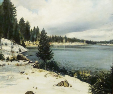 Jerry Inman House on a Lake 20x24 Oil on Board