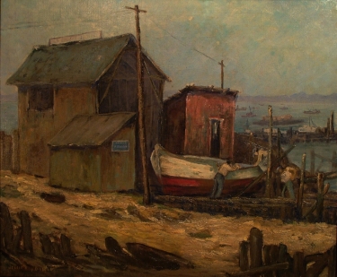 Jessie R Dewitt Fishing Shacks at San Pedro 24x30 Oil on Canvas