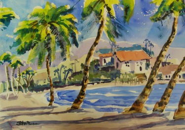 John Dunn Palms Along the Beach 14x21 Watercolor