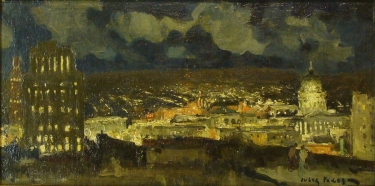 Jules Pages San Francisco at Night Circa 1905 6x14 Oil on Board