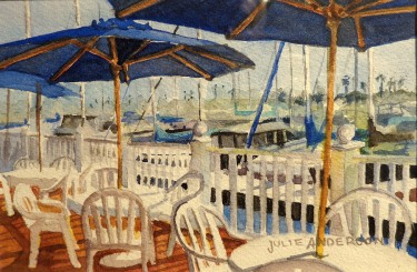 Julie Anderson, Umbrellas by the Marina, 4x6 Watercolor