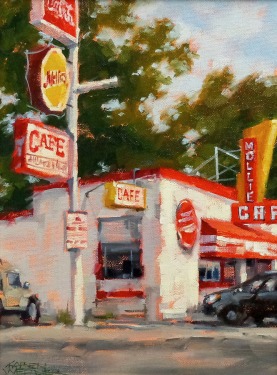 Karen Werner Mollies Cafe 12x9 Oil on Board