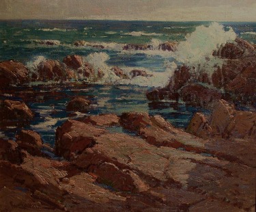 Deep blue-green seawater, Ocean spray and rocks by Paul Lauritz oil painting