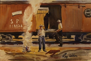 Hobos and Boxcars by Ray Wilson 14x21 Watercolor