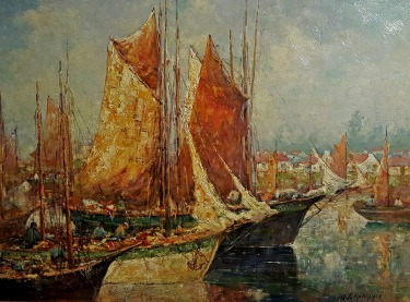 George F Kaumeyer Tuna Fishing Boats Brittany 24x32 Oil on Board